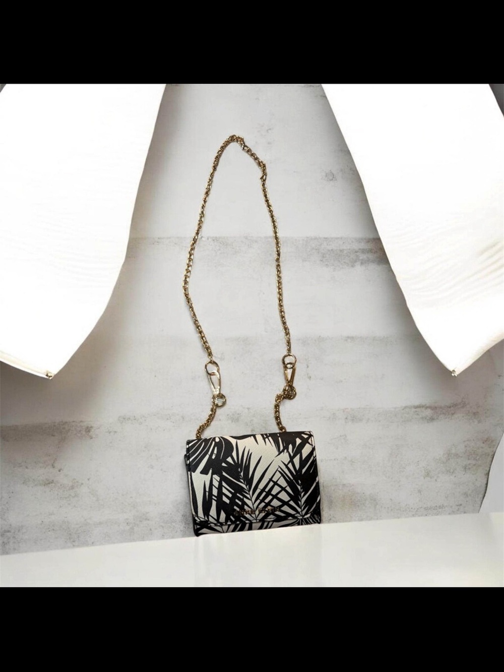 Anne Klein Black and Cream Palm-Print Crossbody with Gold Chain Strap